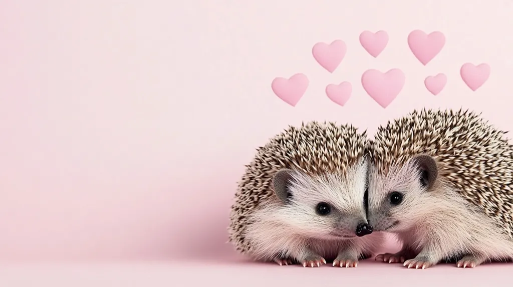 Two adorable hedgehogs snuggle together against a soft pink background.  Several small pink hearts float above them, creating a romantic, Valentine's Day-themed scene. The hedgehogs' faces are touching, conveying a sense of affection. The overall image is sweet and charming, emphasizing love and companionship.