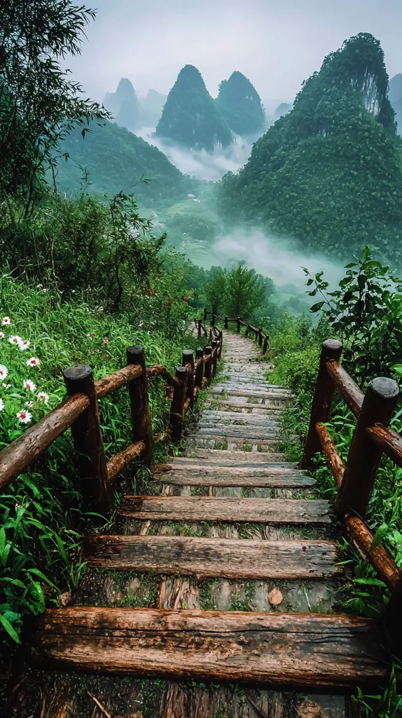 A wooden staircase winds its way down a lush, green hillside, disappearing into a misty valley.  Dark, weathered wooden railings line the stairs, which are bordered by vibrant vegetation and wildflowers.  In the distance, imposing karst mountains rise majestically, shrouded in a soft, ethereal fog. The scene evokes a sense of peace and tranquil exploration.
