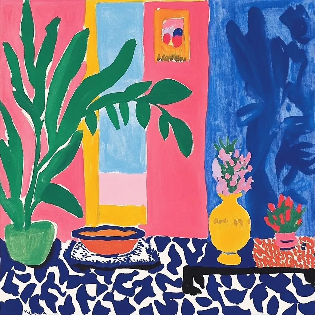A vibrant, stylized painting depicts an interior scene.  Bold blocks of pink and blue form the backdrop, punctuated by a yellow-framed window and a dark blue shadow-like element. A large green plant in a green pot sits on the left, while a yellow vase with pink flowers and a smaller pot of red flowers rest on a low table. A terracotta bowl sits on the table, which features a black-and-white patterned surface. The overall style is expressive and uses flattened forms with strong, bright colors. A small framed picture hangs on the wall.