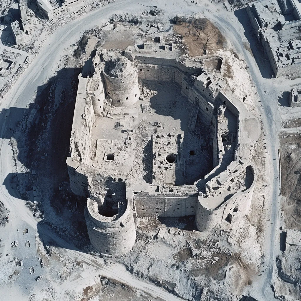 Here is a description of the image:

The aerial photograph shows the extensive ruins of a large stone castle or fortress. The structure is largely destroyed, with only fragmented walls and towers remaining.  A central courtyard is visible, surrounded by the crumbling remnants of buildings. The stone is light-colored and appears aged.  The surrounding area is barren and dusty, with evidence of further ruins and roads. The overall impression is one of significant historical decay.