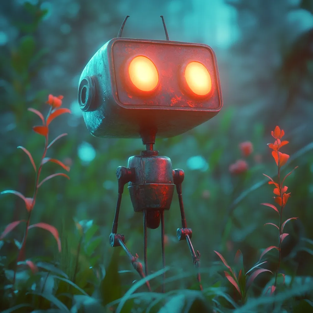 Here's a description of the image:

The image showcases a rusty, vintage-style robot standing amidst lush, vibrant green foliage.  Two bright orange lights illuminate its square head, giving it a warm glow against the cool-toned background.  The robot's body is metallic, showing signs of wear and age, adding to its character.  Small, red flowers are scattered throughout the greenery, creating a striking contrast with the robot and the surrounding flora.  The overall scene has a mystical, slightly melancholic, yet whimsical atmosphere, hinting at a story waiting to be told.