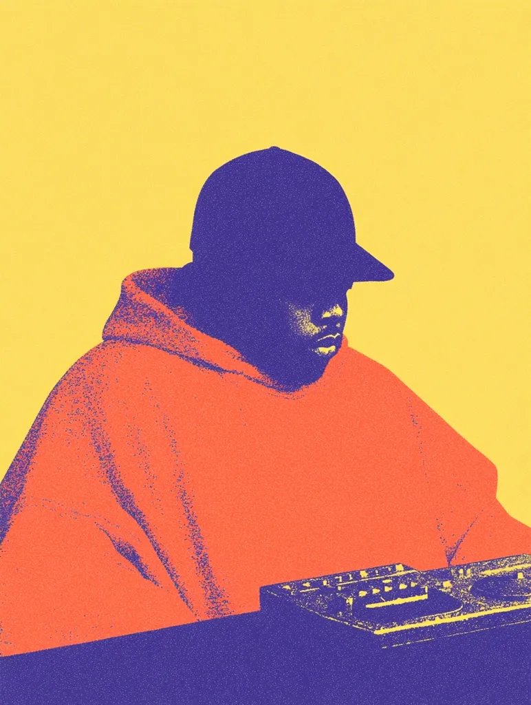 Here's a description of the image:

The stylized artwork depicts a person, seemingly a male, wearing a dark-purple baseball cap and a vibrant coral-orange hoodie.  The individual is positioned at a table, partially obscured by a dark purple mixing board or similar piece of music equipment. The background is a solid, bright yellow, providing a stark contrast to the subject. The image's style is reminiscent of screen printing or a halftone effect, with a slightly grainy texture. The overall aesthetic is bold and minimalist, emphasizing form and color over detail.