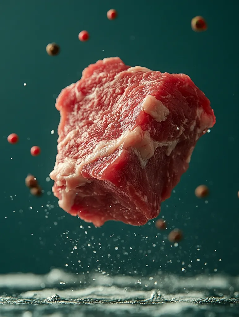 Here's a description of the image:

A raw, marbled cut of beef, possibly a steak or cube, is suspended in mid-air against a deep teal background.  Small specks of what appears to be pepper and possibly salt are scattered around it, some in motion, suggesting a dynamic action shot.  A fine mist or spray is visible below the meat, adding to the sense of movement. The overall image has a clean, professional look, suggestive of food photography or advertising. The focus is sharpest on the meat, drawing attention to its texture and color.
