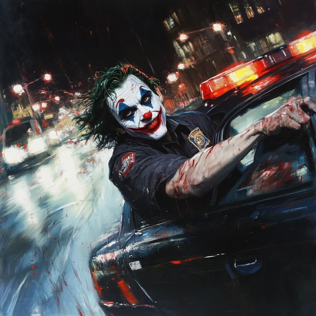 The painting depicts the Joker, his face painted with a grotesque smile,  driving a speeding police car at night.  Blood stains his arms as he leans out of the vehicle,  lights flashing behind him. The blurred city background suggests a chaotic, high-speed pursuit. The overall style is expressive and dark, emphasizing the Joker's sinister nature and thrilling escape.  The scene is dynamic and action-packed, focusing on the Joker's gleeful madness.