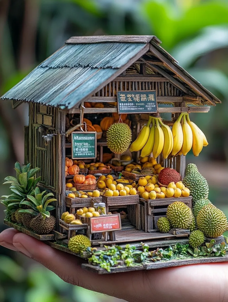A meticulously crafted miniature fruit stand, nestled in a person's hand, showcases an array of tropical fruits.  The weathered wooden structure, complete with a gabled roof and Asian-style signage, displays durians, mangoes, bananas, and other fruits in miniature baskets and crates.  Surrounding the stand is lush, miniature greenery, adding to the realistic detail. The scene is a tiny, charming depiction of a bustling Asian market.