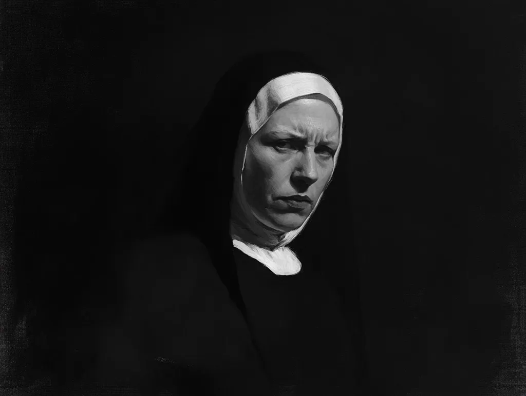 Here is a description of the image:

The monochromatic painting depicts a nun, her face partially visible, gazing directly at the viewer.  The dark background accentuates the stark contrast between the nun's light wimple and her dark habit. Her expression is serious, almost stern, creating a sense of gravity and contemplation. The style suggests a realistic portrait, with attention to detail in the rendering of the facial features and texture of the fabric. The overall mood is somber and introspective.