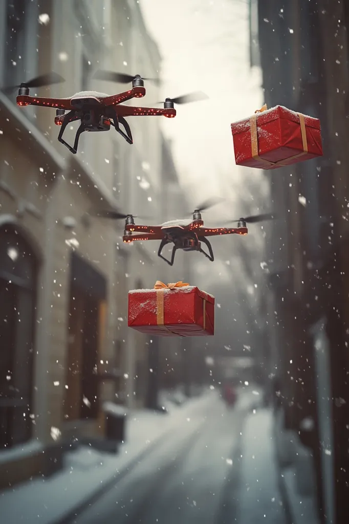 Two red drones navigate a snowy city street, each carrying a red, ribbon-adorned gift box.  Snowflakes fall gently around them, creating a whimsical, festive atmosphere. The background is blurred, focusing attention on the drones and their precious cargo, suggesting a futuristic Christmas delivery system. The overall scene is serene and evokes a sense of wonder and holiday magic.
