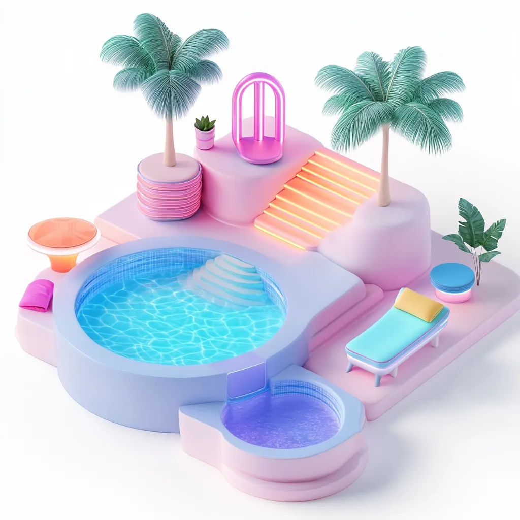 Here's a description of the image:

A whimsical, pastel-colored 3D rendering depicts a miniature poolside scene.  A round, light-blue pool is the centerpiece, featuring a small, matching-colored step.  Pink and light-purple platforms surround the pool, connected by illuminated, peach-colored steps. Two palm trees and a neon pink swing add to the tropical feel.  A small hot tub, a chaise lounge with a teal cushion, and various pastel-colored accessories complete this idyllic, cartoonish rendering. The overall aesthetic is playful and modern.