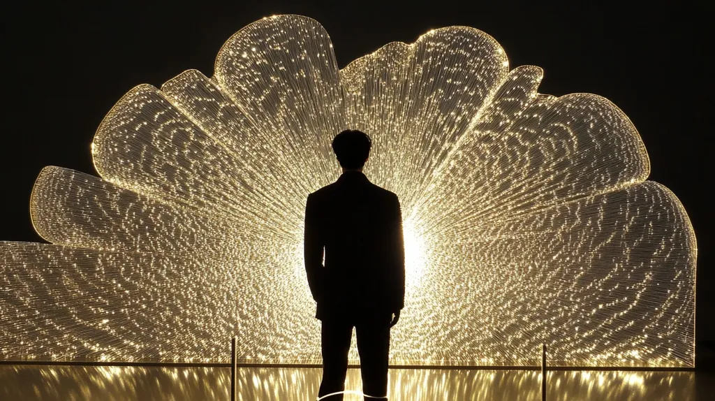 The image shows a person silhouetted against a large, luminous artwork. The artwork resembles a stylized flower or fan, composed of countless glowing strands of fiber optics, radiating outward from a central point. The warm, golden light creates a dramatic contrast with the dark figure, evoking a sense of wonder and mystery. The overall impression is one of both beauty and introspection.