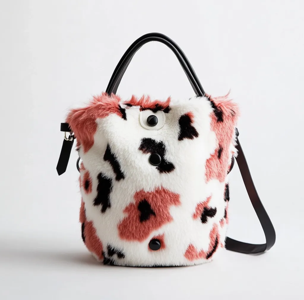 Here's a description of the image:

The image shows a stylish bucket bag made of fluffy faux fur in a predominantly white base with a pinkish-red and black abstract pattern reminiscent of cowhide. The bag features a black leather top handle and a detachable shoulder strap.  Small, dark buttons are visible on the front of the bag. The fur is soft and plush, giving the bag a luxurious and tactile appearance. The overall aesthetic is modern and trendy, suitable for casual or slightly dressed-up occasions.