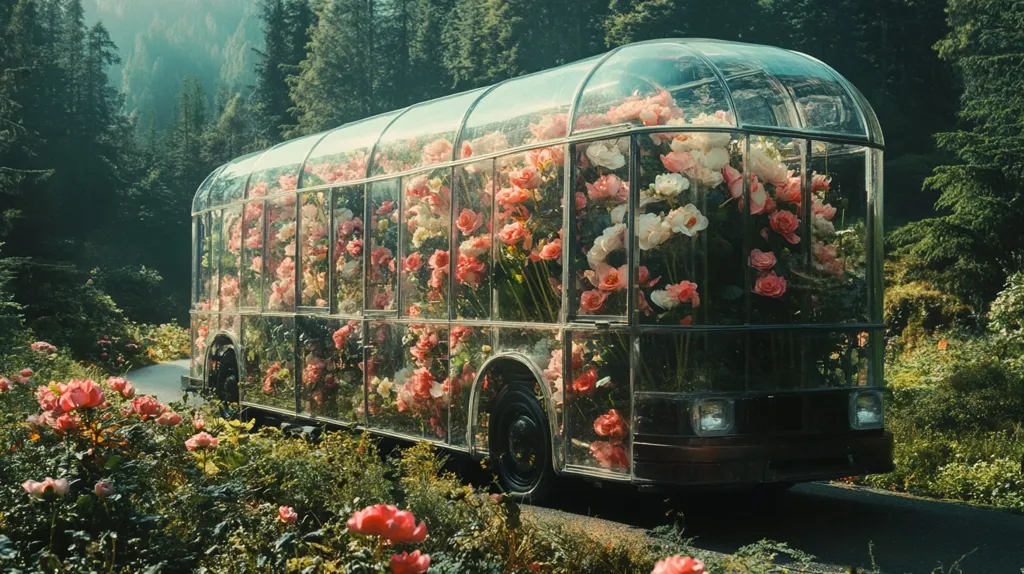 A vintage bus, transformed into a mobile greenhouse, travels along a road nestled within a lush forest.  Its transparent enclosure is overflowing with vibrant pink, white, and peach roses. The surrounding landscape is verdant, with blooming rose bushes lining the path, creating a magical, surreal scene. The overall mood is dreamy and romantic, evoking a sense of whimsical beauty.