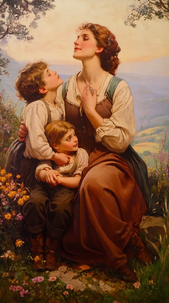 A serene oil painting depicts a mother and her two children nestled in a verdant hillside setting.  The mother, with auburn hair adorned with flowers, gazes upward with a peaceful expression, her hands clasped gently over her chest.  Her children, a boy and a girl, are nestled close, mirroring her contemplative pose.  Their simple clothing and the idyllic landscape evoke a sense of quiet family contentment and connection with nature.  The soft light and warm colors enhance the painting's overall peaceful mood.