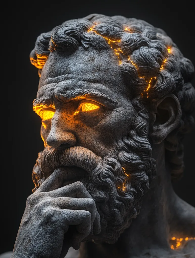 Here's a description of the image:

The image showcases a close-up of a meticulously detailed bust, seemingly sculpted from dark grey stone, possibly marble. The subject is a bearded man with a thoughtful expression, his hand resting on his chin.  Intriguingly, lines of luminous, golden energy subtly emanate from cracks in the stone, particularly noticeable in his hair and beard, and faintly illuminating his eyes. The overall effect is one of ancient wisdom imbued with a mystical, almost otherworldly quality, contrasting the classical style of the sculpture with a modern digital enhancement. The dark background emphasizes the dramatic lighting and textural details of the bust.