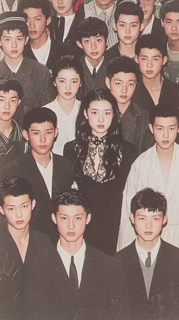 Here's a description of the image:

The photograph shows a large group of Asian teenagers, predominantly male, dressed in formal attire.  They are closely packed together, suggesting a class photo or similar group portrait.  Two young women are interspersed amongst the boys, one notably wearing a black lace top. The overall style is reminiscent of a 1990s school photograph, with a slightly muted color palette and slightly blurry quality, adding to its nostalgic feel.  The expressions are generally serious, with a few showing subtle smiles. The image exudes a sense of youth and formality.