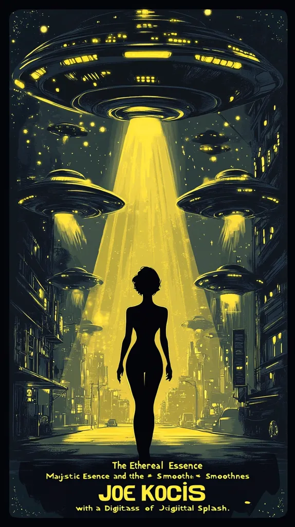 A striking illustration features a silhouetted woman standing on a city street bathed in a vibrant yellow light emanating from several flying saucers above.  The scene is a blend of retro-futurism and sci-fi, with the woman's poised stance creating a dramatic contrast to the otherworldly spectacle. The artwork includes text promoting "Joe Kocis" and his work, suggesting a possible album cover or promotional piece. The overall mood is mysterious and evocative.