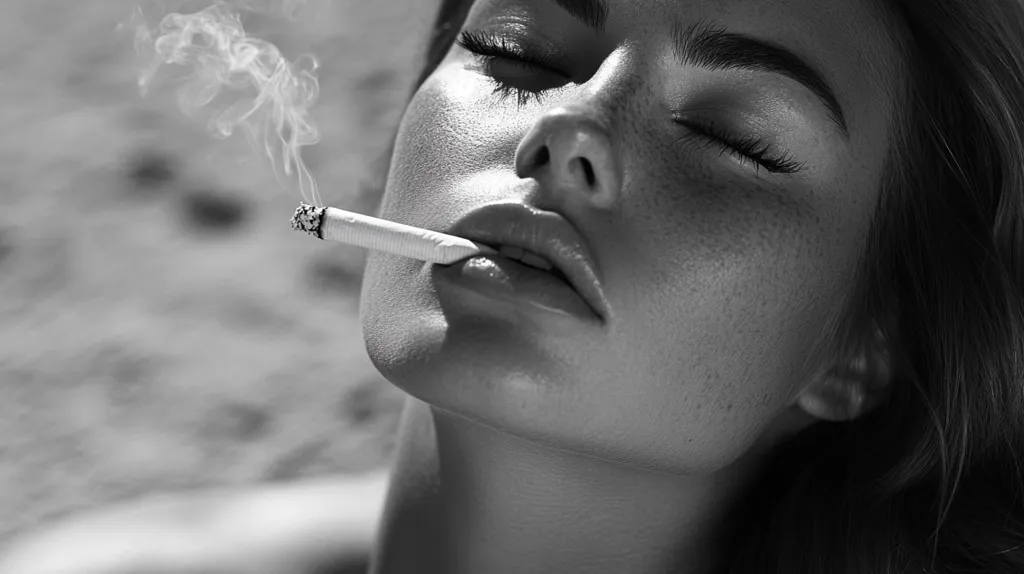 Here's a description of the image:

A black and white close-up captures a woman's face, her eyes gently closed, as she holds a lit cigarette between her lips.  The smoke curls subtly upward.  Her skin is sun-kissed, displaying freckles, and her expression is serene.  Her dark hair cascades partially over her shoulder, adding to the image's moody atmosphere. The background is blurred, suggesting an outdoor setting, perhaps a beach. The overall effect is one of sultry calmness and understated drama.