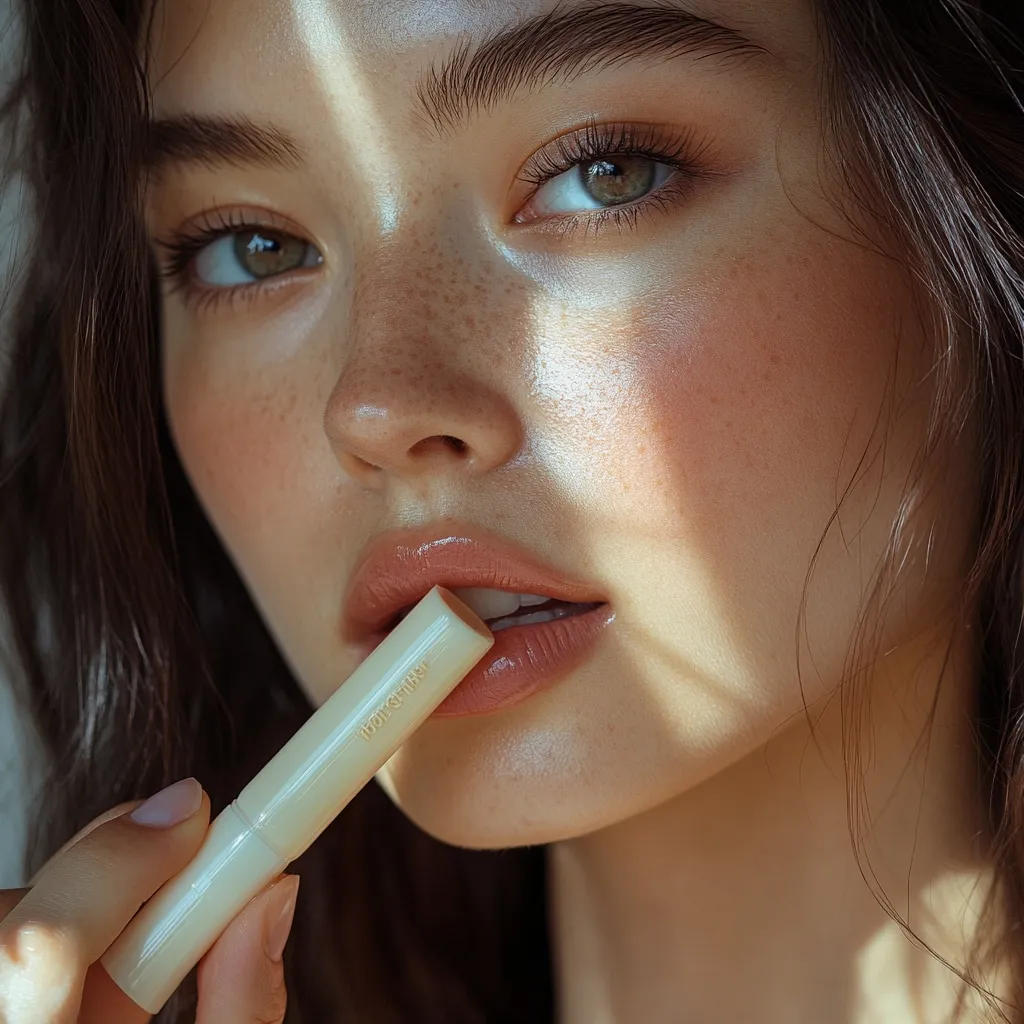 Close-up of a young woman with light skin and freckles applying a light beige lip balm.  Her makeup is natural and subtly enhances her features, including defined eyebrows and lightly glossed lips.  Sunlight streams across her face, highlighting her complexion.  The overall aesthetic is soft, natural, and radiant.  The focus is on her face and the application of the lip product.