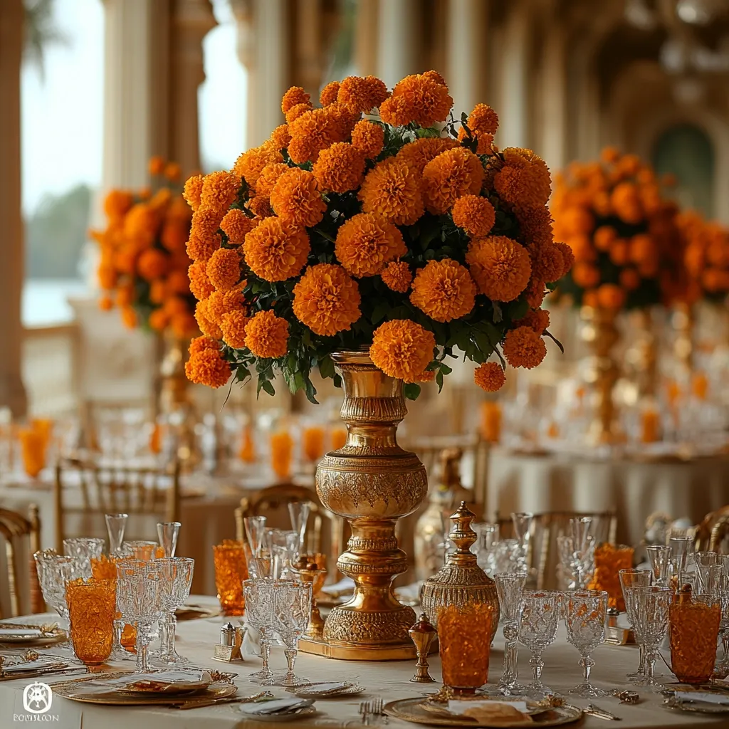 A lavishly decorated table is the centerpiece of this image, showcasing a stunning arrangement of vibrant orange marigolds in an ornate gold vase.  The flowers are abundant, creating a dramatic focal point. The table is set for a formal event, with elegant glassware and gold accents complementing the floral display. The background suggests a luxurious, possibly outdoor setting with hints of classical architecture.  The overall impression is one of opulence and refined celebration.