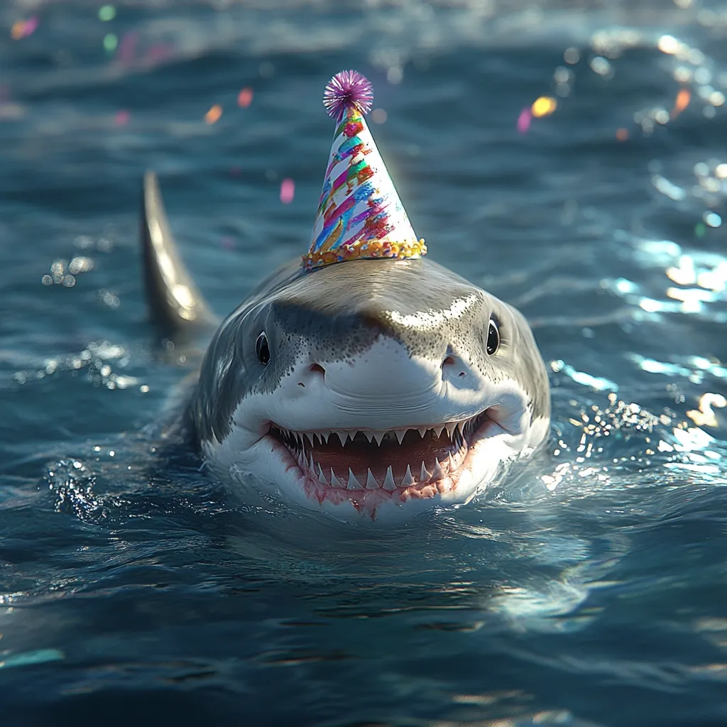 A great white shark, wearing a festive, colorful party hat, surfaces in the ocean.  Its mouth is open in a seemingly friendly grin, surrounded by sparkling confetti in the water. The scene is playful and whimsical, contrasting the shark's normally fearsome image with a celebratory mood. The water is dark blue and relatively calm, creating a serene backdrop for the unexpected scene.