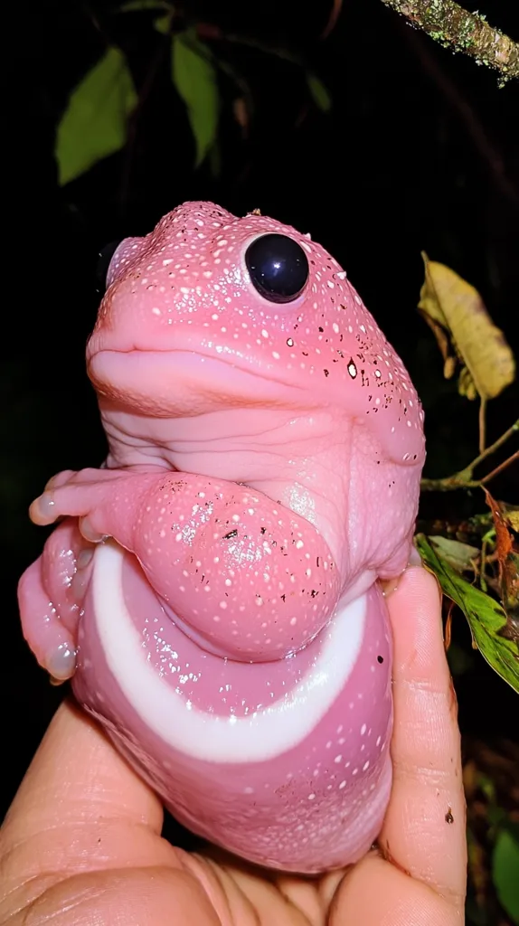Close-up view of a vibrant pink frog held gently in a person's hand.  The frog's skin is smooth with tiny darker speckles. Its large, dark eyes contrast against its pale pink body.  A lighter, almost white band is visible around its midsection. The background is dark, suggesting a nighttime setting in a natural environment with blurred foliage. The frog appears plump and healthy.