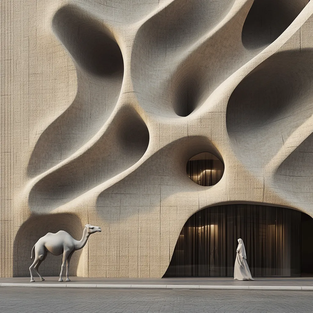 The image shows a striking building with an organic, textured facade.  Its light beige surface is sculpted into a series of interconnected, cavernous hollows, creating a visually complex and flowing design.  In front, a light-colored camel statue stands near a woman in a long, flowing robe, walking towards a dark-curtained storefront.  The overall scene presents a contrast between natural and architectural forms, creating a sense of mystery and intrigue.