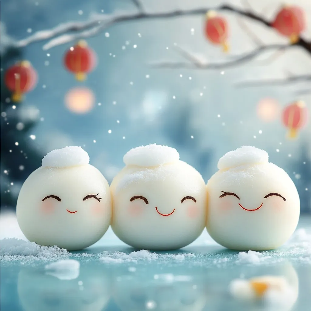 Three adorable round treats, resembling snowmen, sit side-by-side.  Each has a small dusting of "snow" on top and simple, smiling faces. They're positioned on a light blue surface, with a blurred background suggesting a snowy, winter scene featuring lanterns, hinting at a festive occasion.  The image evokes feelings of warmth, joy, and winter cheer.