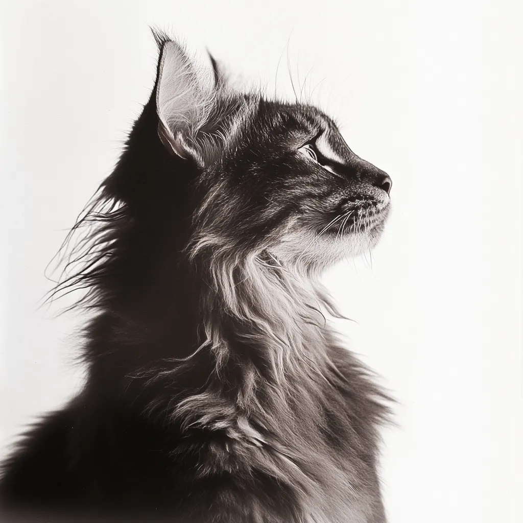 Here's a description of the image:

The photograph is a monochrome, close-up profile shot of a long-haired cat.  The cat is positioned in profile view, facing to the right of the frame, against a bright white background. Its fur is thick and appears soft, with variations in shading suggesting depth and texture. The cat's expression is calm and serene, its gaze directed slightly upward and away.  The overall effect is one of elegance and quiet contemplation, creating a striking and artistic portrait.