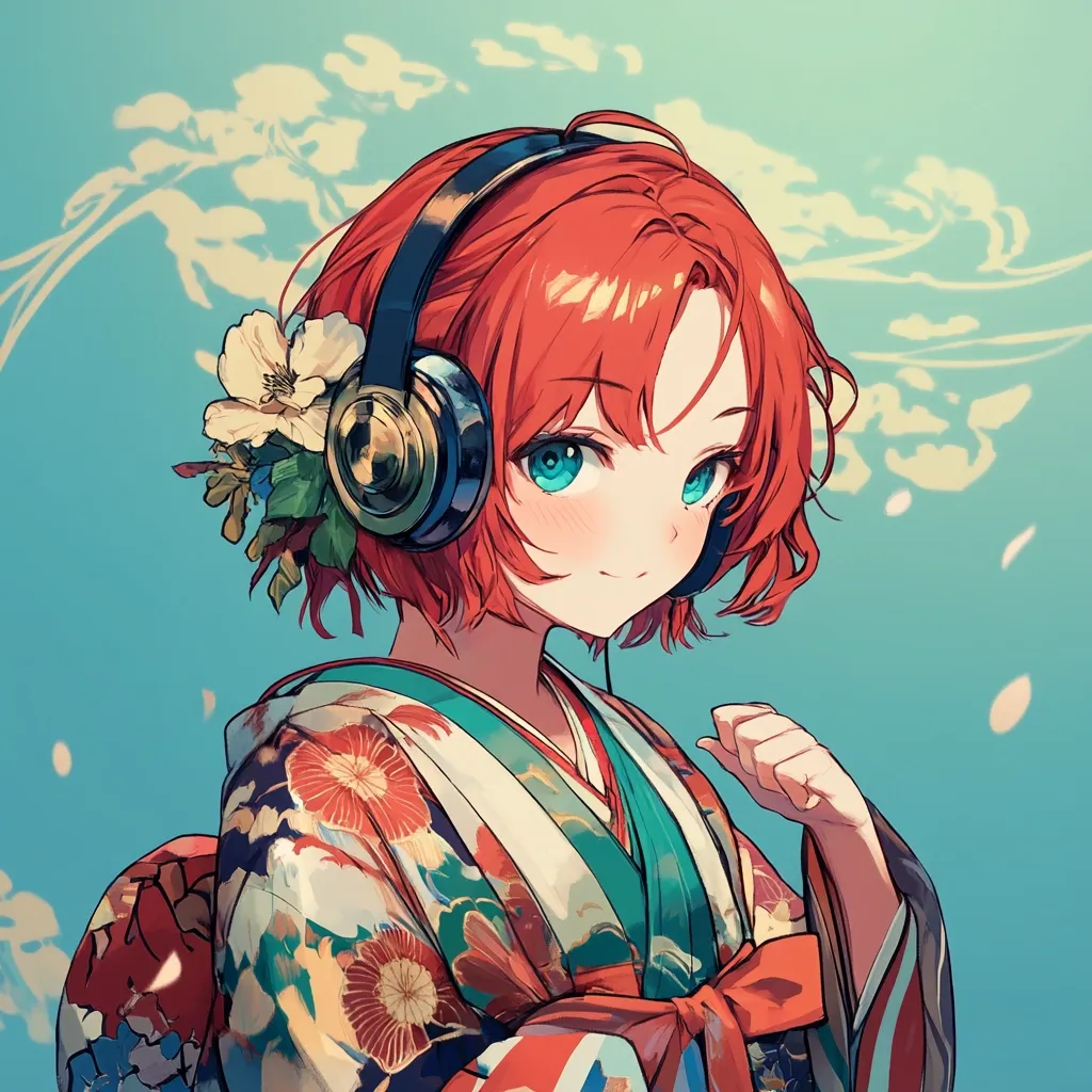 Here's a description of the image:

The illustration showcases a young woman with vibrant red hair, styled in a short, slightly wavy bob. She's wearing large, gold-rimmed over-ear headphones and a beautifully patterned kimono in shades of red, orange, and teal.  Delicate flowers adorn her hair near her ear. Her large, expressive turquoise eyes and a gentle smile give her a sweet and serene expression.  She's posed against a light teal background with subtle, painted cloud-like designs and falling petals, enhancing the overall artistic and dreamy quality of the image. The style is anime-inspired with a soft, painterly aesthetic.