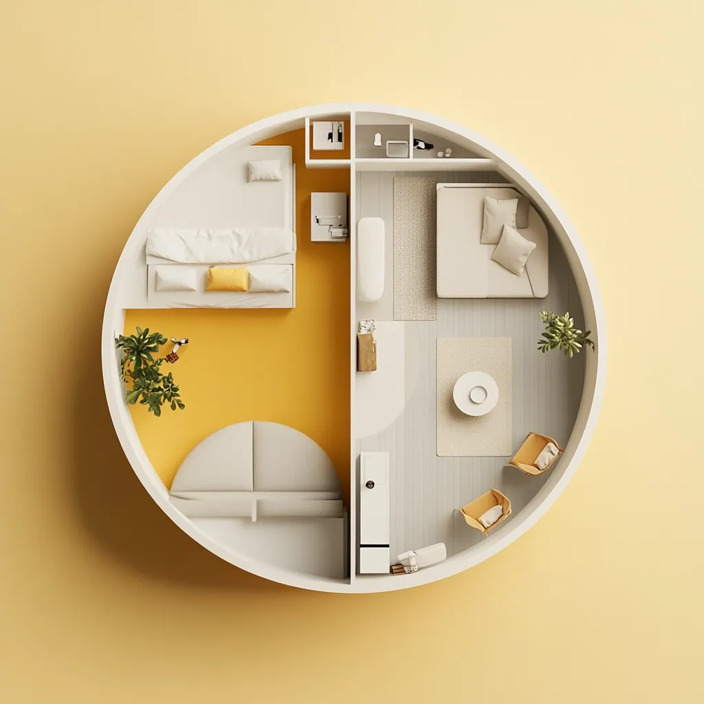 Here's a description of the image:

The image is a bird's-eye view of a circular room's interior design, depicted as a cutaway model.  The circular space is divided into a bedroom area with a bed and a living area with a sofa and armchairs. A muted color palette of whites, pale greys, and mustard yellow is used. The furniture is minimalist and modern in design. Small potted plants add a touch of greenery.  The overall aesthetic is clean, simple, and calming.  The image is set against a pale yellow background.