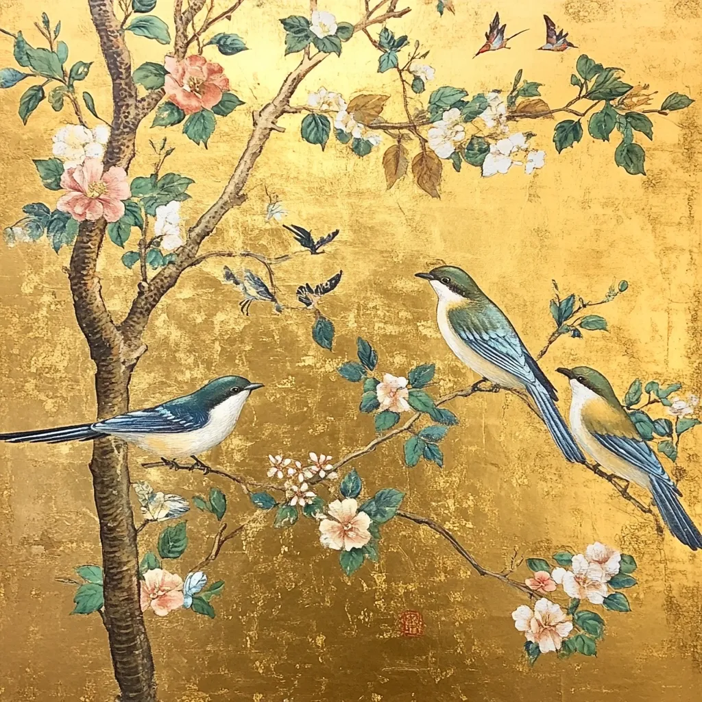 This artwork is a vibrant depiction of three blue and teal birds perched on the branches of a flowering tree against a gold leaf background. The birds, rendered with fine detail, are the focal point, their colors contrasting beautifully against the gold. The tree is adorned with delicate pink and white blossoms, creating a harmonious balance of nature's elements. Small butterflies flit around the tree, adding to the overall sense of a tranquil, idyllic scene. The style evokes traditional East Asian painting techniques, with a meticulous attention to detail and the use of gold leaf creating a luxurious effect.
