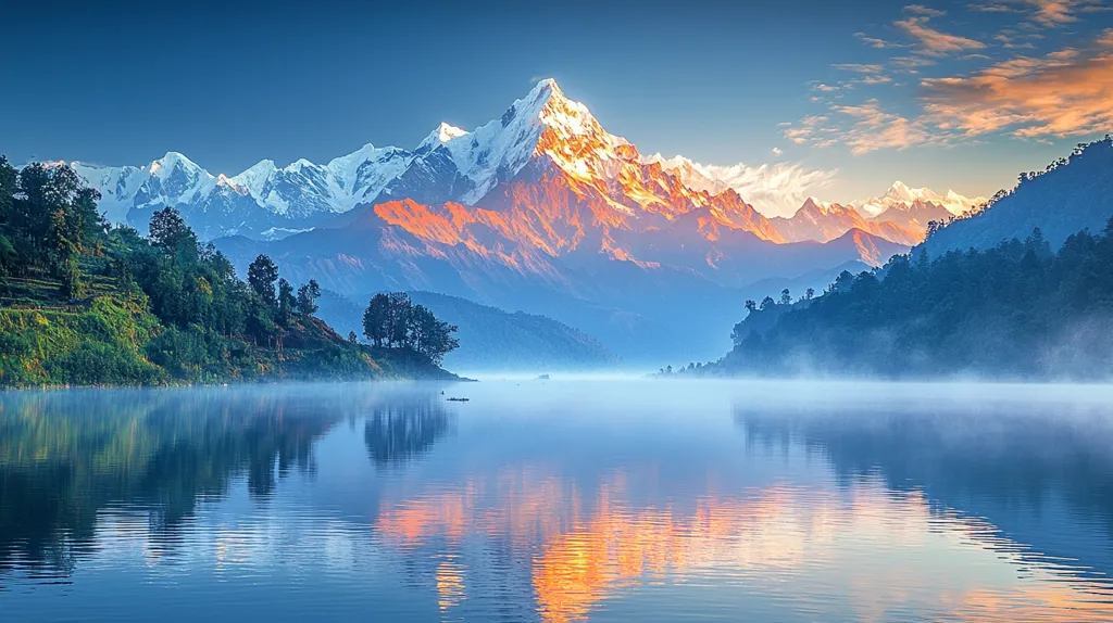 Here's a description of the image:

A breathtaking sunrise illuminates a majestic snow-capped mountain range, its peaks reflecting in a tranquil lake.  The mountains' lower slopes are bathed in a warm, orange hue, contrasting with the pristine white of the snow.  Lush, green hillsides and forests line the still waters of the lake, which is gently shrouded in a thin layer of morning mist. The overall scene evokes a sense of serene beauty and untouched natural wonder.