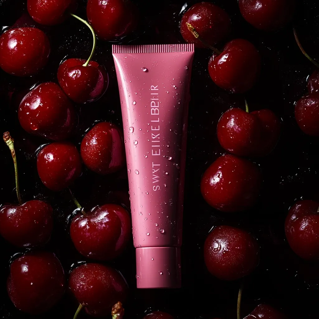 Here's a description of the image:

A tube of "SWT EIKELBHR" lip balm sits nestled amongst a profusion of glistening, dark red cherries. The cherries, plump and juicy-looking, are densely packed together, creating a rich, dark background that contrasts beautifully with the pale pink tube. Water droplets adorn both the cherries and the balm, suggesting a fresh, possibly fruity, scent or flavor.  The overall aesthetic is luxurious and suggestive of a high-end beauty product. The lighting is dramatic, emphasizing the textures and colors of both the product and the fruit.