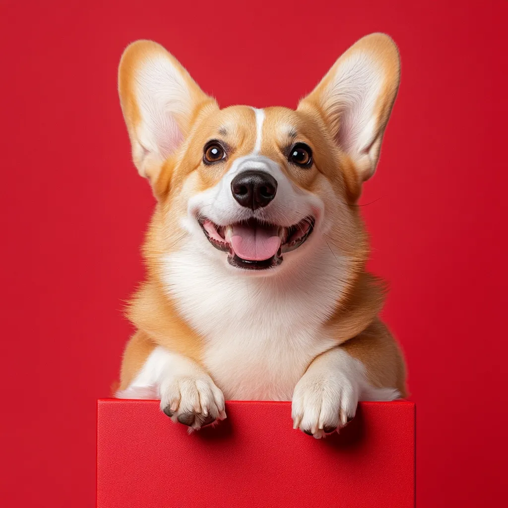 A cheerful Pembroke Welsh Corgi sits before a solid red background, its front paws resting on a smaller red box or sign.  The dog's expression is joyful, its mouth slightly open, revealing its tongue.  The dog's fur is a blend of reddish-brown and white, and its large ears stand erect. The overall image is bright and vibrant, creating a festive and playful mood.