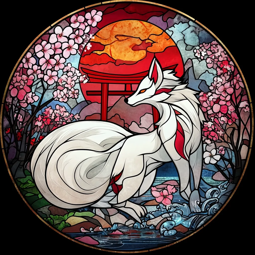 Here's a description of the image:

The image is a circular stained-glass depiction of a Kitsune, a nine-tailed fox from Japanese folklore.  The fox is predominantly white with accents of red, standing by a tranquil stream under a vibrant red sun setting behind a torii gate and cherry blossom trees. The style is detailed, with intricate shading and coloring to represent the fur, water, and blossoms. The overall aesthetic is serene yet mystical, invoking a sense of Japanese spirituality and folklore.  The circular frame suggests a complete and self-contained narrative.