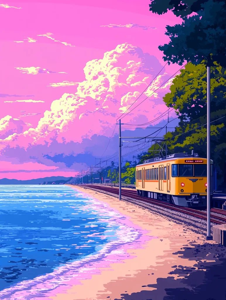Here's a description of the image:

The illustration depicts a serene coastal scene at sunset. A yellow train travels along a railway track bordering a sandy beach, where gentle waves lap the shore. The sky is a vibrant pink and purple, filled with fluffy clouds, creating a dreamy, almost surreal atmosphere. Lush green trees line the track near the train, adding a touch of nature to the scene. The overall style is reminiscent of anime or digital art, with bold colors and a slightly stylized representation of the landscape.  The image evokes a feeling of calm and tranquility.