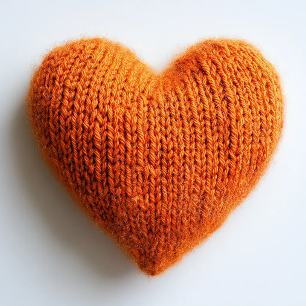 Here's a description of the image:

A hand-knitted heart-shaped cushion takes center stage against a stark white backdrop. The cushion is a rich, burnt orange hue, crafted from a thick, textured yarn. The knit is visibly dense, showing a distinct stitch pattern. The heart's form is slightly irregular, adding to its handmade charm. The overall impression is one of warmth, handcrafted love, and rustic simplicity.  The lighting is even, highlighting the texture of the yarn and the overall shape of the heart.