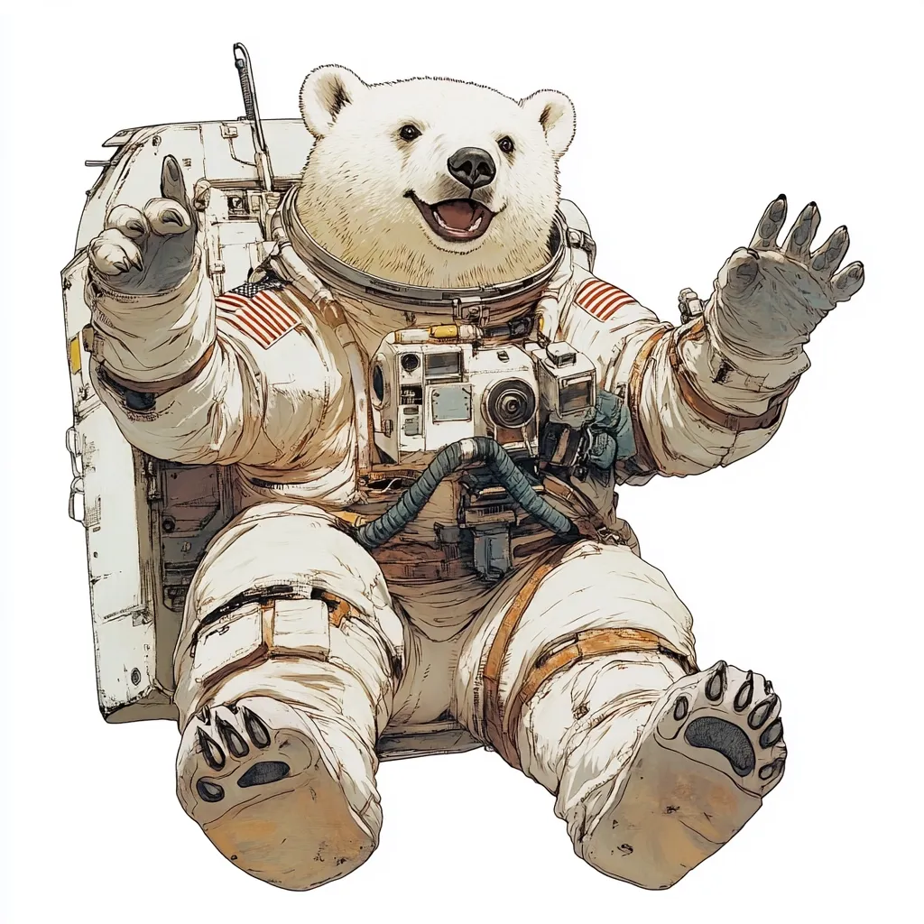 A cheerful polar bear is depicted in a detailed illustration, wearing a vintage-style astronaut suit.  The bear is seated, waving with both paws, a friendly expression on its face.  The spacesuit shows wear and tear, adding to the character's charm.  An American flag patch is visible on the sleeve. The background is plain white, focusing attention entirely on the adorable cosmonaut. The style is reminiscent of comic book art with intricate linework and muted coloring.