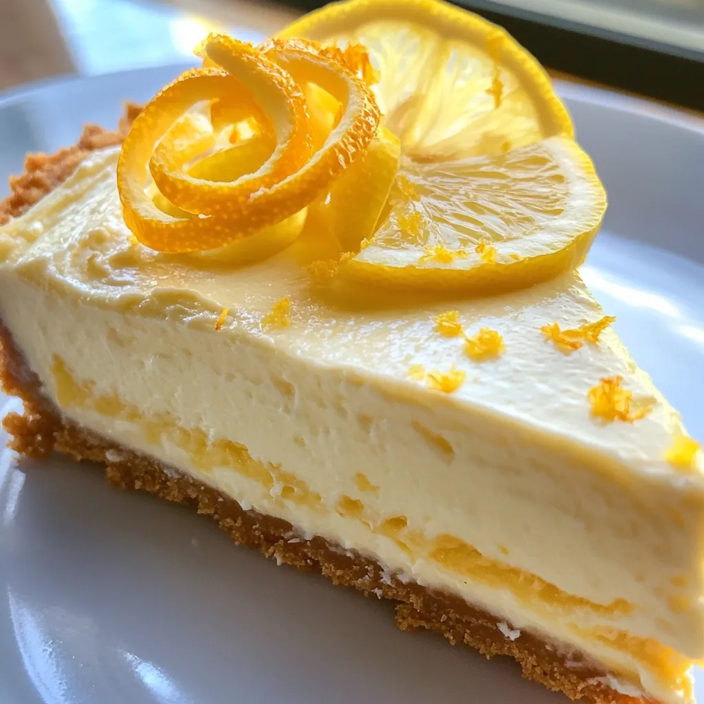 A creamy, light yellow lemon tart is presented on a white plate.  The tart has a shortbread crust and is topped with thin lemon slices and curls of candied lemon peel.  Zest is sprinkled on top, adding texture and enhancing the citrus notes.  The slice shows layers of the creamy filling, promising a tart and refreshing taste. The overall presentation is bright, clean, and appetizing.