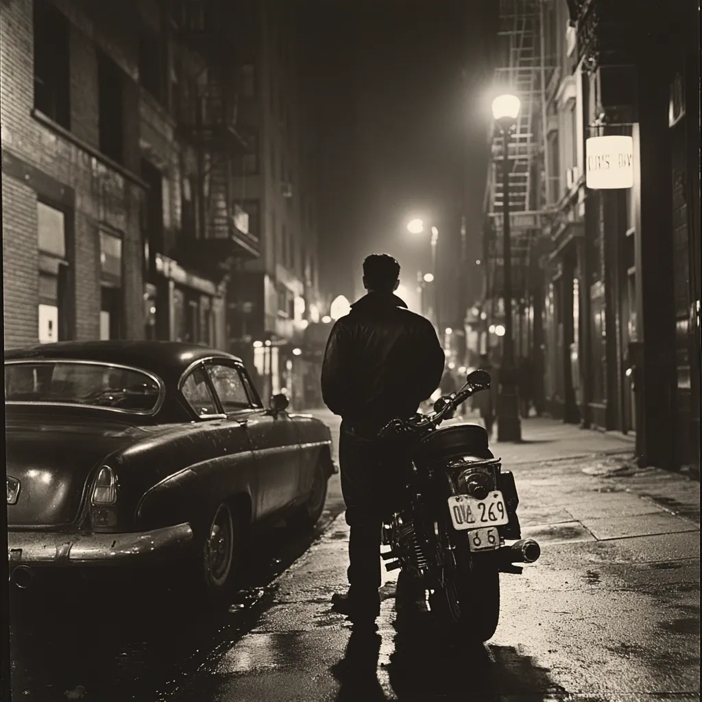 A black and white photograph captures a man's back, standing beside a classic car and motorcycle on a rain-slicked city street at night.  The dimly lit street is lined with brick buildings, streetlights casting a soft glow.  The man, in a leather jacket, appears contemplative, his silhouette stark against the urban backdrop.  The scene evokes a sense of mystery and solitude, a classic noir aesthetic. The license plate on the motorcycle is partially visible.