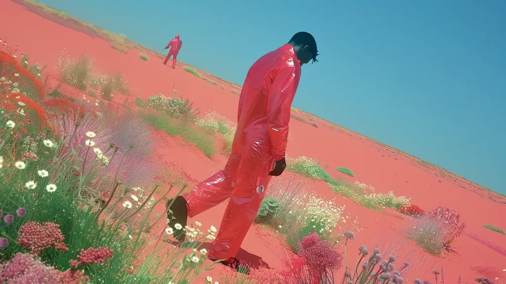 The image shows two figures in bright red, shiny jumpsuits walking across a vibrant, pink-hued desert landscape.  The foreground features a variety of colorful wildflowers and green shrubs contrasting against the red sand. The sky is a clear, pale blue. The overall scene is surreal and dreamlike, with the intense colors creating a striking visual effect.  One figure is in the distance, the other closer, walking towards the viewer.