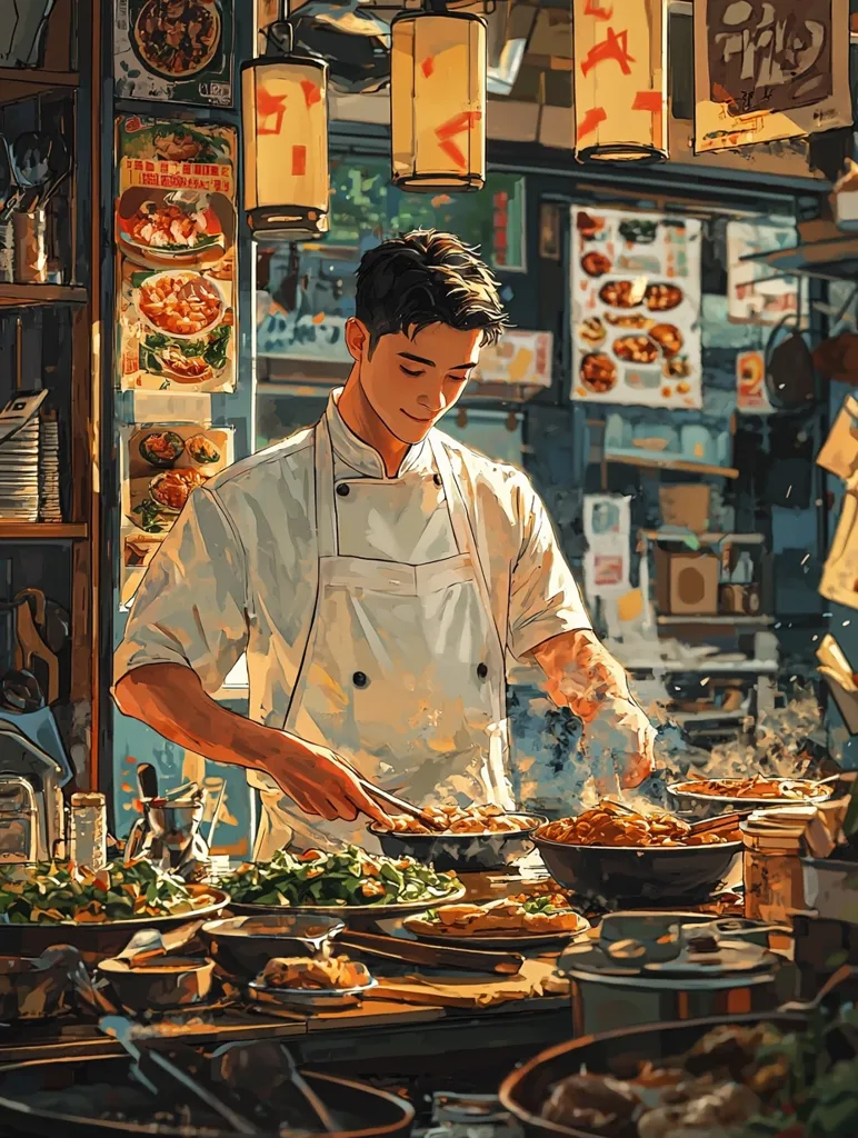 Here's a description of the image:

The artwork depicts a young man, possibly Asian, in a chef's uniform, skillfully preparing food in a bustling Asian-style restaurant or street food stall.  Warm, golden light bathes the scene, highlighting the chef's focused expression and the vibrant colors of the numerous dishes surrounding him.  Menus displaying various food items are visible on the walls, adding to the atmosphere of a lively eatery. The scene is brimming with delicious-looking food including stir-fries, salads, and other dishes, suggesting a dynamic and flavorful culinary experience.  The style is painterly, with visible brushstrokes creating texture and depth.