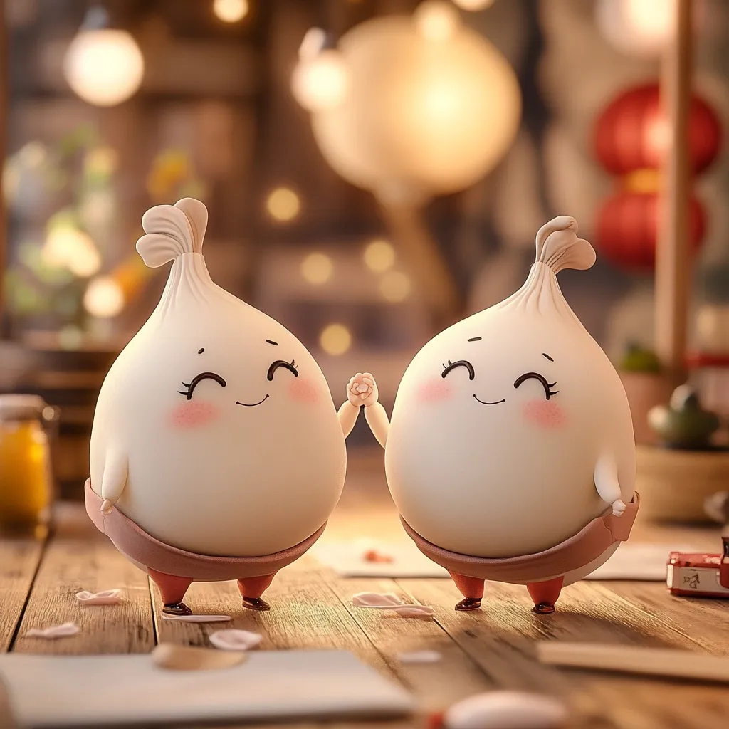 Two adorable, anthropomorphic dumplings, rendered in 3D, hold hands on a wooden table.  They have smiling faces, rosy cheeks, and small legs in reddish-brown attire. The background is softly blurred, showing warm lighting and a suggestion of a cozy, perhaps Asian-inspired, setting.  The image evokes feelings of warmth, happiness, and companionship.  Petals are scattered on the table, adding to the gentle, romantic ambiance.