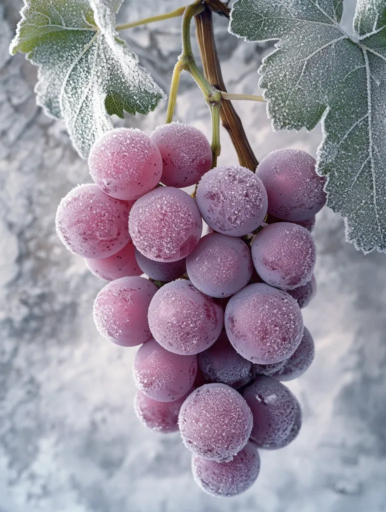 A cluster of red grapes hangs from a vine, its surface entirely coated in a delicate layer of frost.  The leaves of the vine are similarly frosted, showcasing a wintery scene.  The grapes are plump and appear juicy despite the cold, their frosty coating adding a beautiful texture to the image. The background is a blurred, out-of-focus gray, drawing all attention to the frosty grapes.