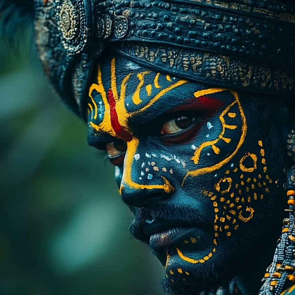 Here's a description of the image:

Close-up portrait of a person adorned in elaborate, vibrant face paint.  The paint is predominantly dark blue, accented with bold yellow and red patterns that seem ritualistic or symbolic.  The individual wears a dark, richly textured turban, suggesting cultural significance.  The expression is intense, and the gaze is directed slightly away from the viewer, adding to a sense of mystery. The background is blurred, focusing attention solely on the painted face and headdress.  The overall effect is one of striking visual power and cultural intrigue.