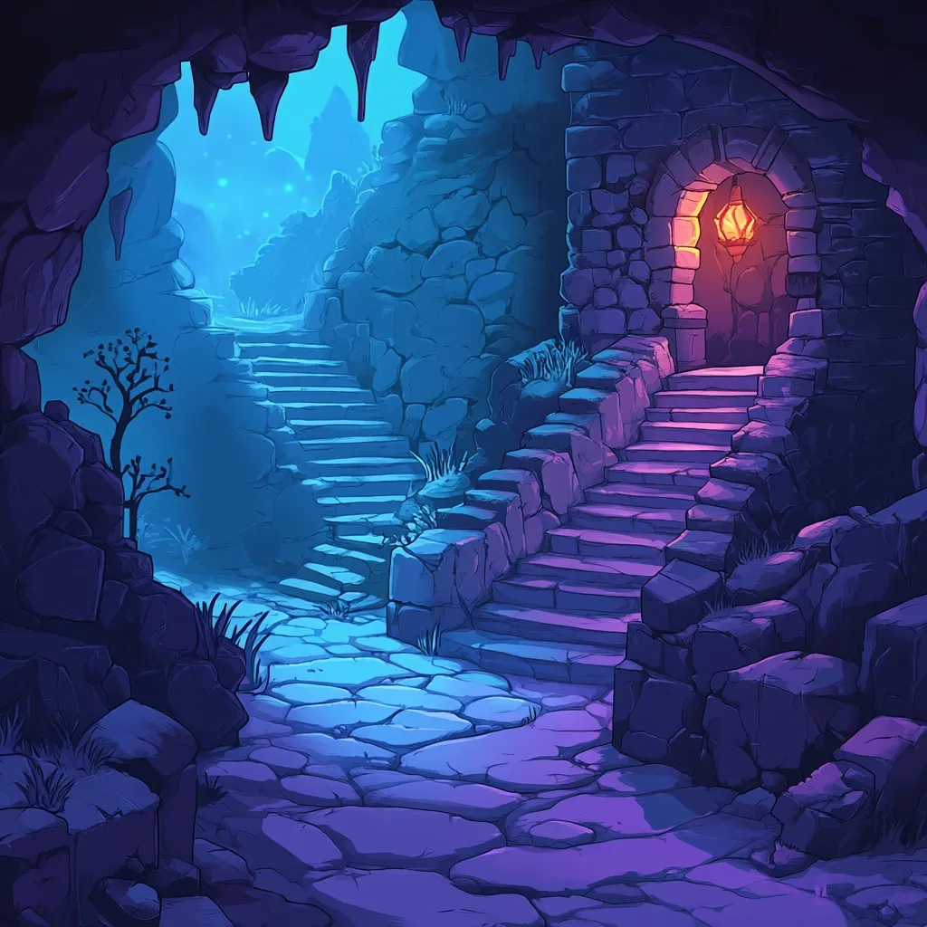 The illustration depicts a mystical cave scene, bathed in cool blues and purples.  Two stone staircases, one leading to a stone archway with a glowing lantern, converge on a cobblestone path.  The cave walls are rough-hewn, with stalactites visible at the entrance.  A small, silhouetted tree adds depth to the scene.  The overall mood is atmospheric and suggests a hidden, perhaps magical, location.  The style is reminiscent of fantasy game art.