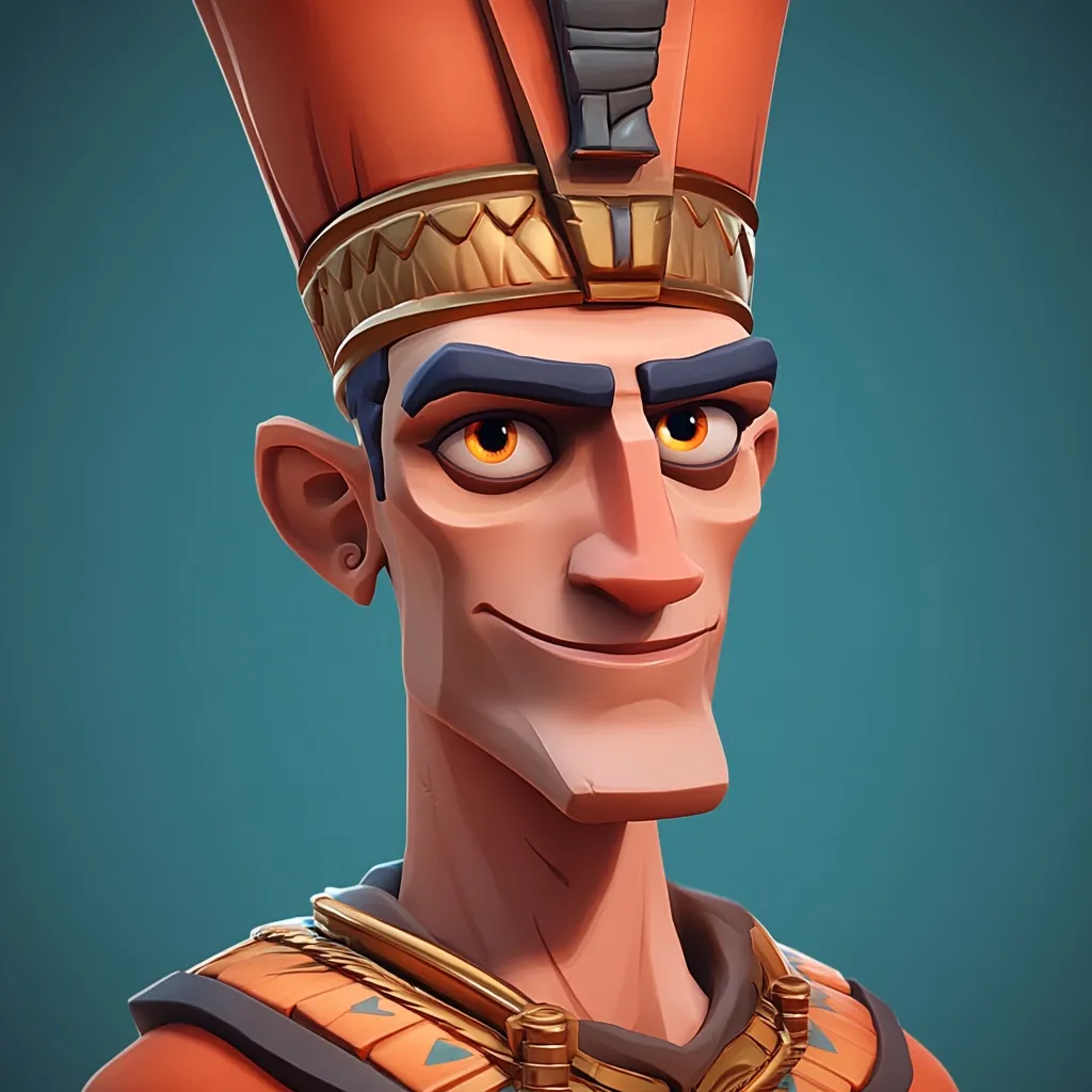 Here's a description of the image:

The image is a stylized 3D rendering of a male figure, seemingly an Egyptian pharaoh or high priest.  He's depicted with a subtly cartoonish style; his features are exaggerated yet realistically rendered, giving a charmingly mischievous expression. He wears an elaborate headdress, characteristic of ancient Egypt, in shades of orange and gold, and a gold necklace. His skin tone is tan, and his eyes are a striking amber. The background is a muted teal, contrasting the warmer tones of the figure. The overall aesthetic blends realism with a playful, almost animated quality.