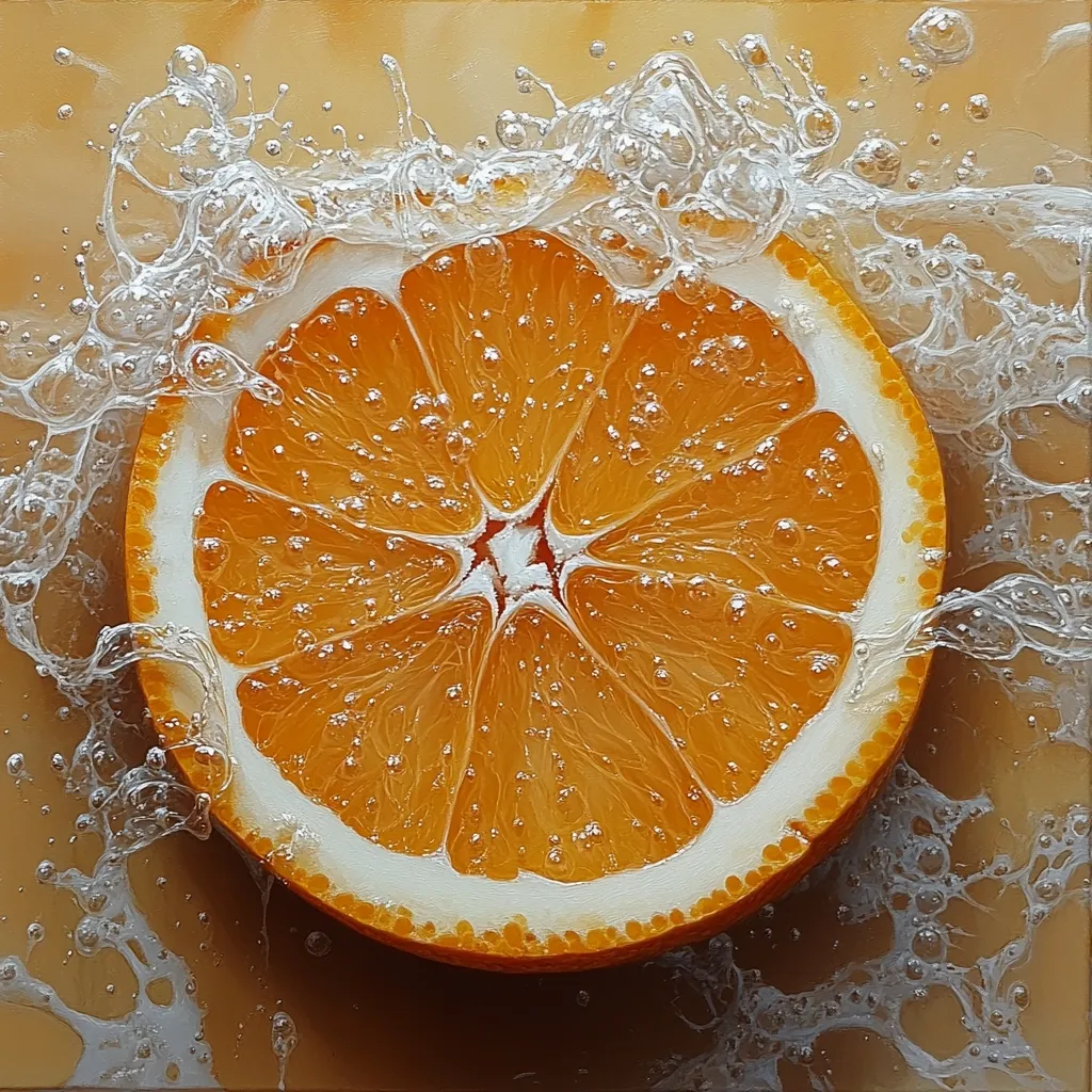 Here is a description of the image:

A vibrant, hyperrealistic painting depicts a juicy orange slice submerged in water.  The orange's segments are richly colored, with tiny air bubbles clinging to its surface and scattered throughout the surrounding water. The water splashes dynamically, creating a sense of motion and freshness. The background is a muted, warm tan, providing a soft contrast to the bright citrus. The overall effect is one of delicious refreshment, achieved through meticulous detail and a masterful use of light and shadow.