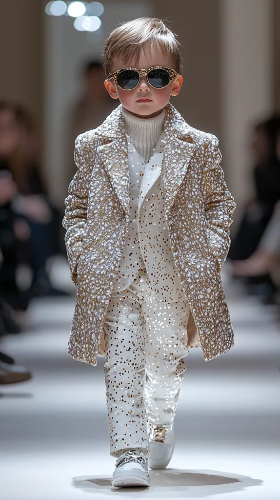 A young boy, fashionably dressed, strides down a runway. He wears a speckled, gold and white suit, a matching overcoat, and white sneakers.  Stylish sunglasses add to his chic look. His blond hair is neatly styled.  The background is blurred, highlighting the child model and his sophisticated attire. The overall impression is one of high-end children's fashion.