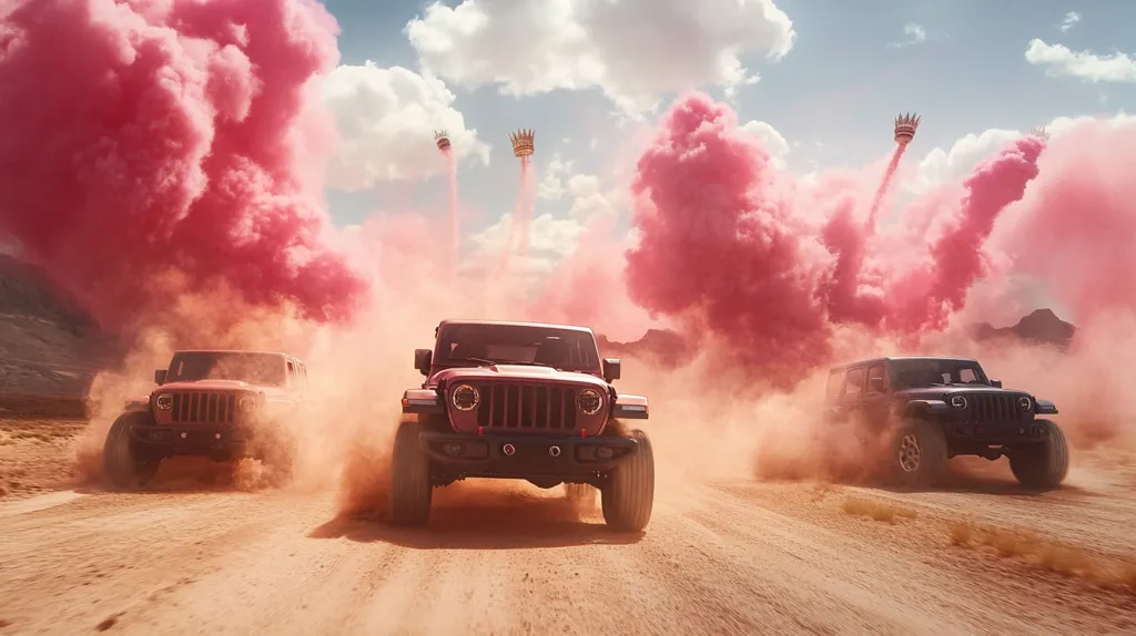 Three Jeeps drive through a desert landscape, kicking up dust.  Enormous pink smoke plumes erupt behind them, creating a dramatic, almost surreal scene.  Three gold crowns are visible in the pink smoke trails above, adding to the spectacle. The Jeeps appear to be new models, possibly part of a promotional advertisement. The overall effect is one of powerful movement and celebratory atmosphere.