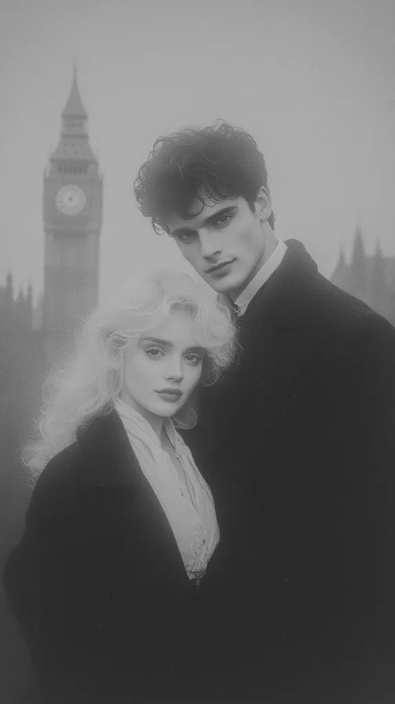 Here's a description of the image:

A black and white, close-up photograph depicts a young couple, possibly in London. The woman has shoulder-length blonde hair and fair skin. She is dressed in a dark jacket over a lighter blouse. The man, with dark hair, is wearing a dark jacket and collared shirt.  They stand close, the man's arm slightly around the woman's shoulders.  The blurry background features the Elizabeth Tower (Big Ben) and part of the Houses of Parliament, suggesting a romantic setting in a city. The overall mood is melancholic and slightly dramatic due to the monochrome palette and soft focus.